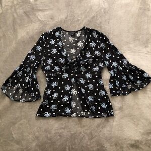 Top shop Floral flare sleeve front tie top